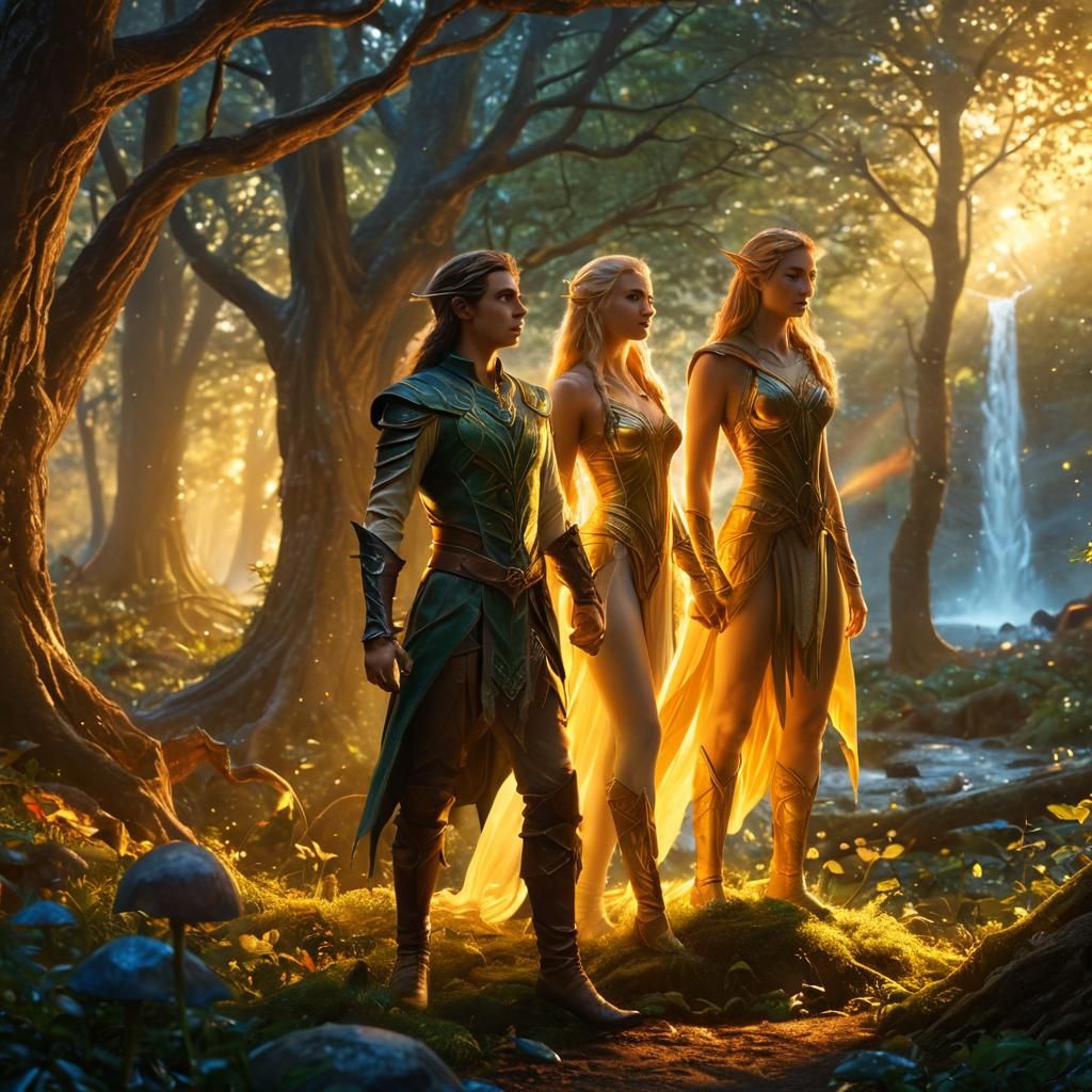 Elves Emerge at Dawn in Enchanted Forest