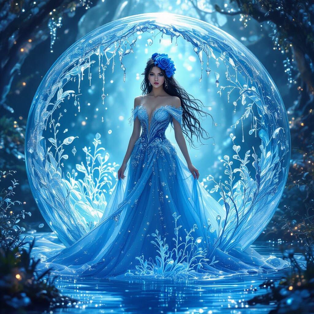 Fantasy Woman in Flowing Blue Gown in Mystical Water Sphere