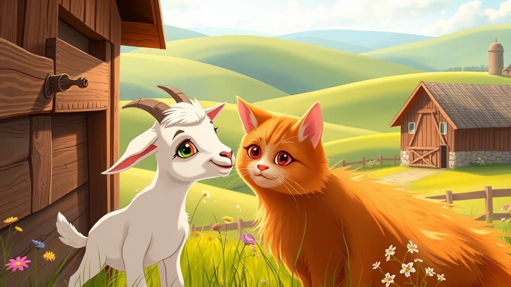 Whimsical Friendship Moment between Goat and Tabby Cat in Ro...