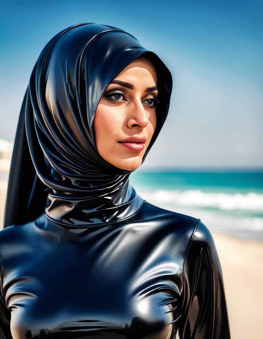 Muslim Lady in Latex on Dubai Beach