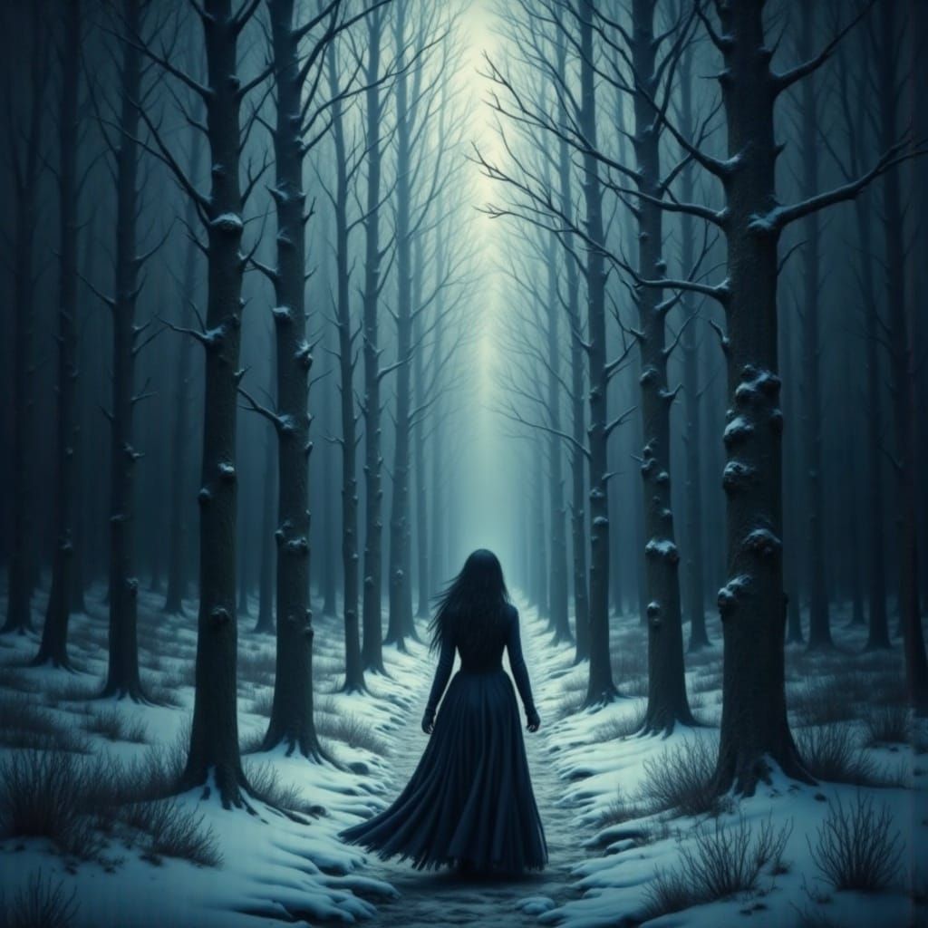 Dark-Haired Woman in Snowy Forest, Gothic Horror Style