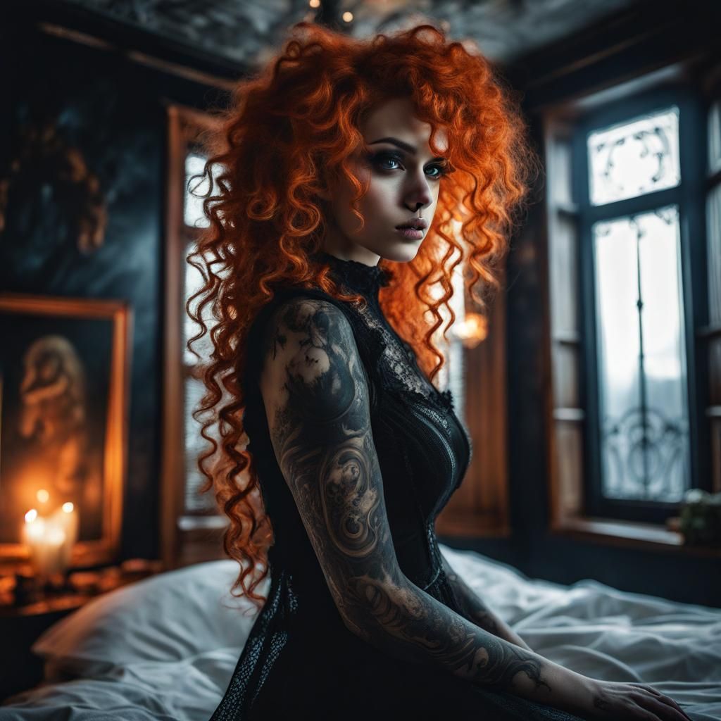 Hyperrealistic Goth Woman with Orange Hair in Bedroom