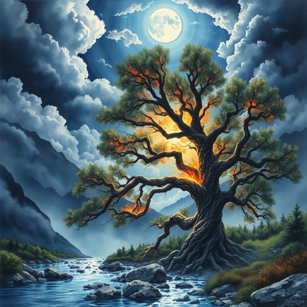 Whimsical Watercolor Portal in a Dramatic Stormy Night Sky