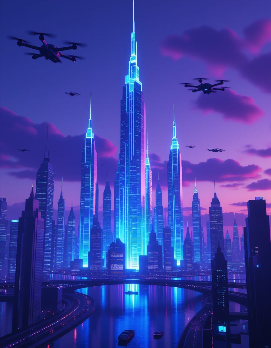 Futuristic Crystalline Cityscape at Dusk in Cyberpunk Style