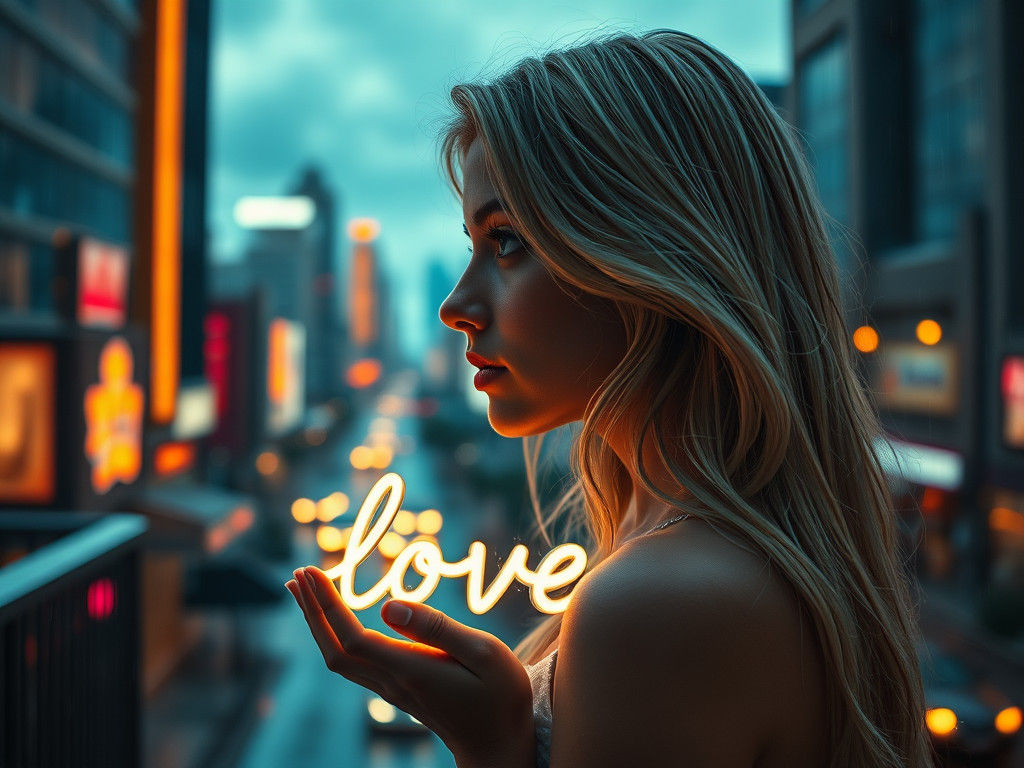 Rainy Cityscape Portrait with Neon Lights and Bokeh
