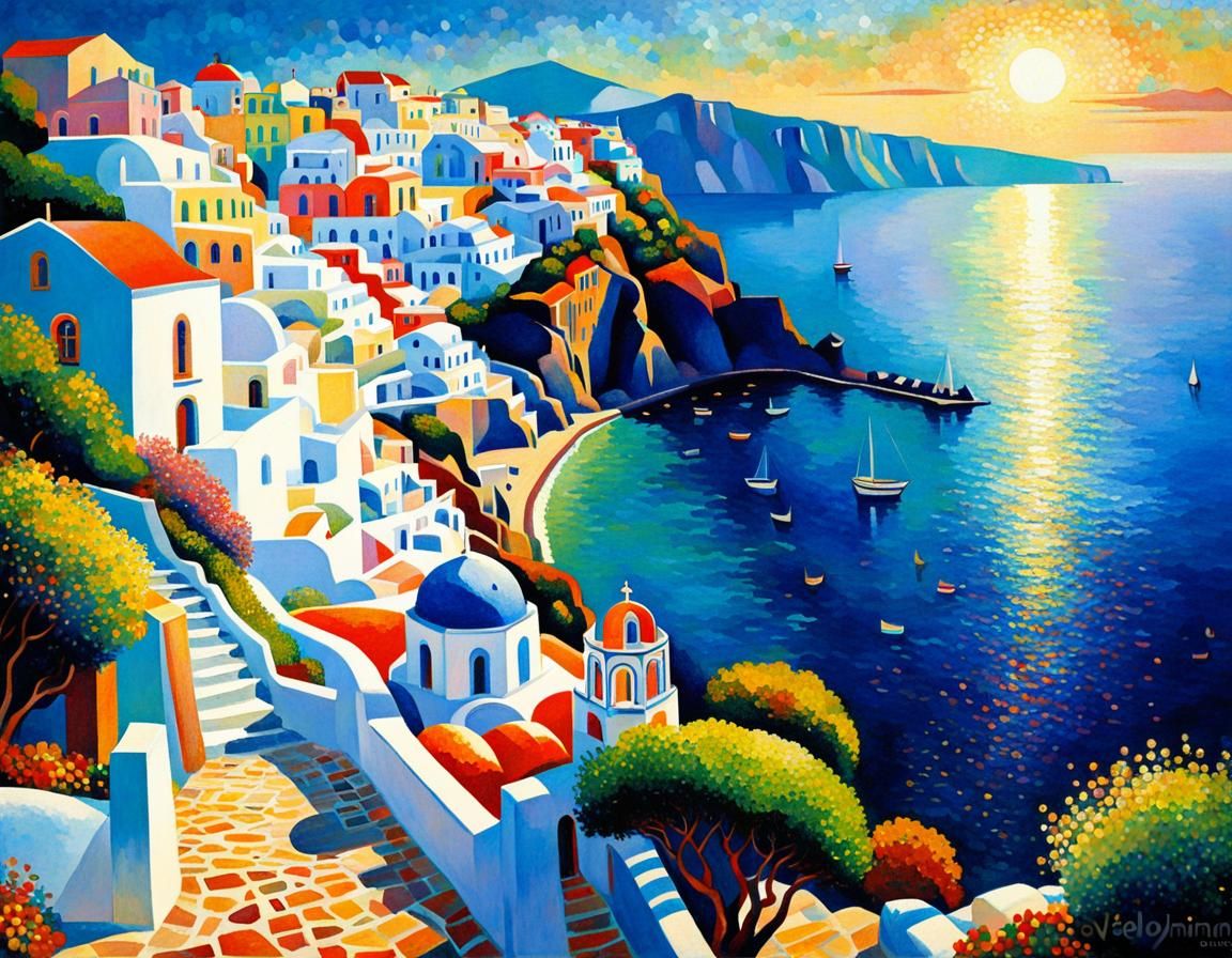 Santorini Coastal Town in Pointillism Style