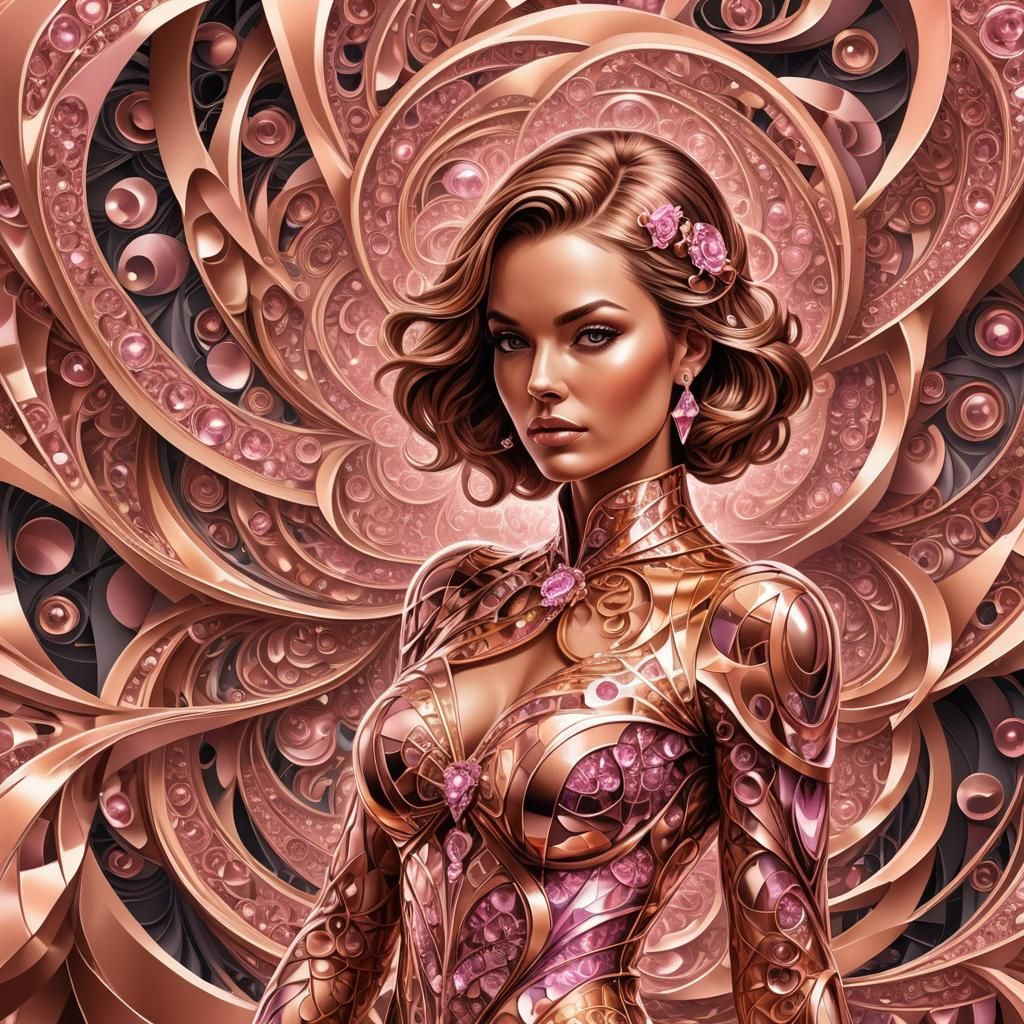 Model in Rose Gold Outfit with Fractal Background