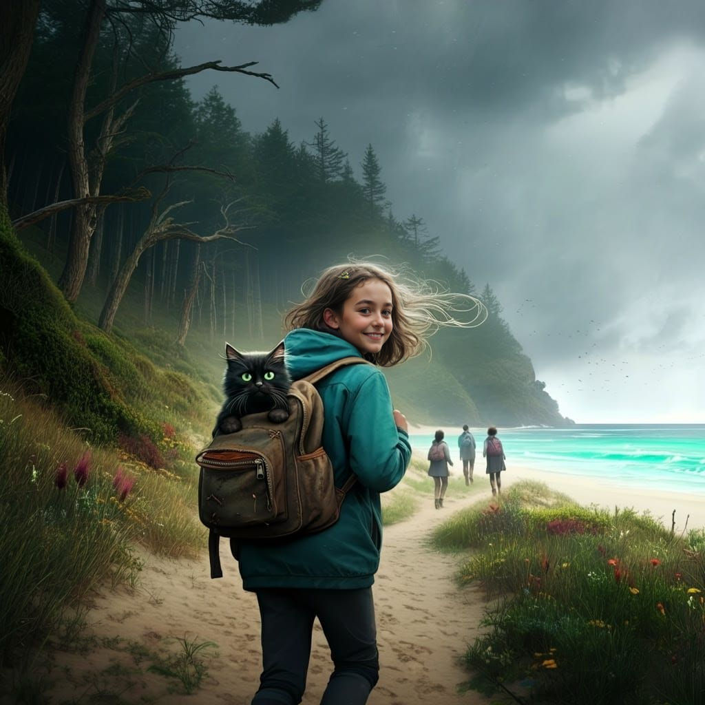 Girl and Cat Walking Towards a Sunny Beach in Stormy Weather