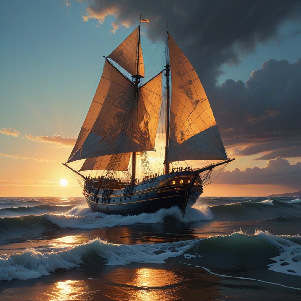 Golden Sailing Vessel in Iridescent Ocean with Delicate Fili...