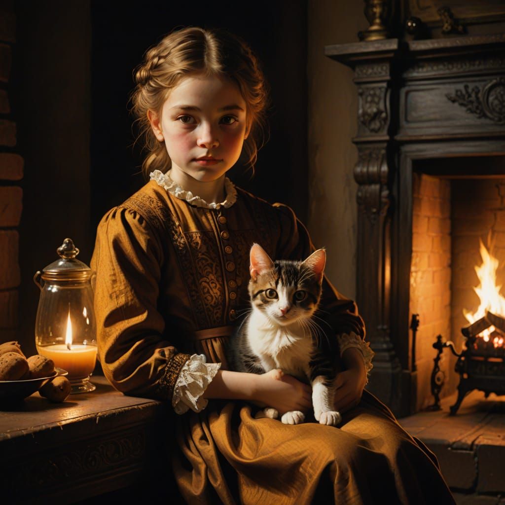 Cozy Baroque Portrait of a Young Girl with a Kitten