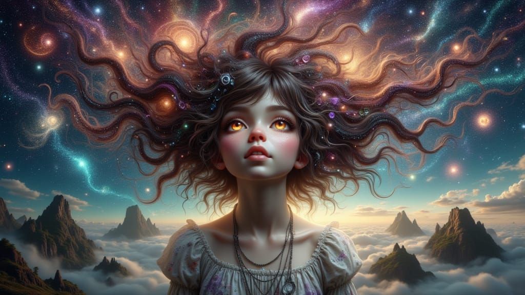 Cosmic Woman With Stardust Hair Reflecting Galaxies