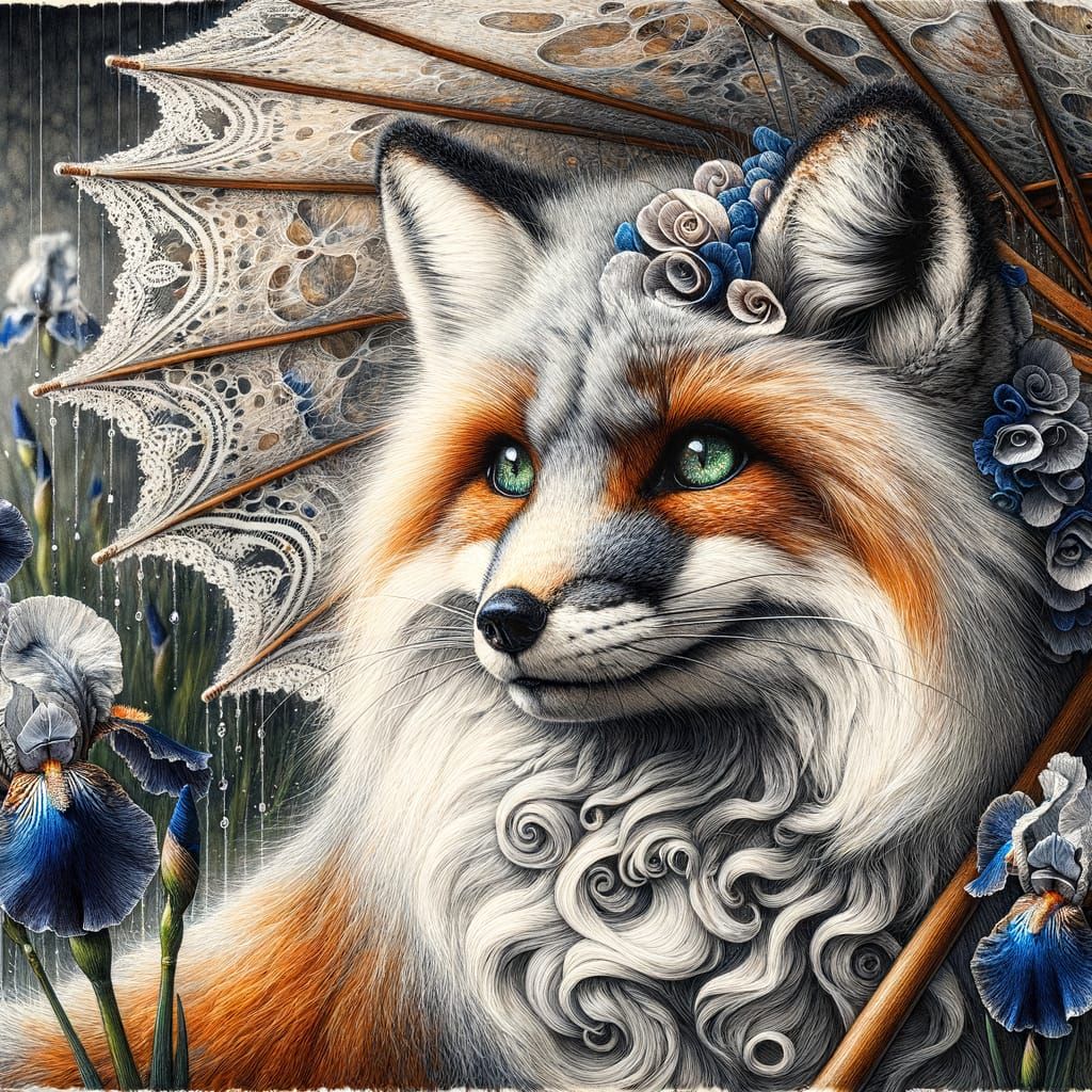 Fox with Curly Fur Under Iris Flowers as Oil Painting