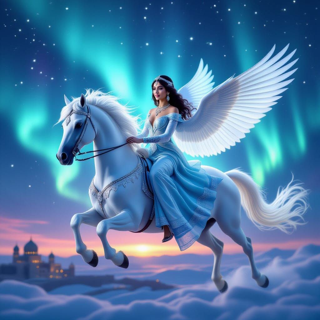 Scheherazade Floats on Moonlit Horse Under Aurora Borealis