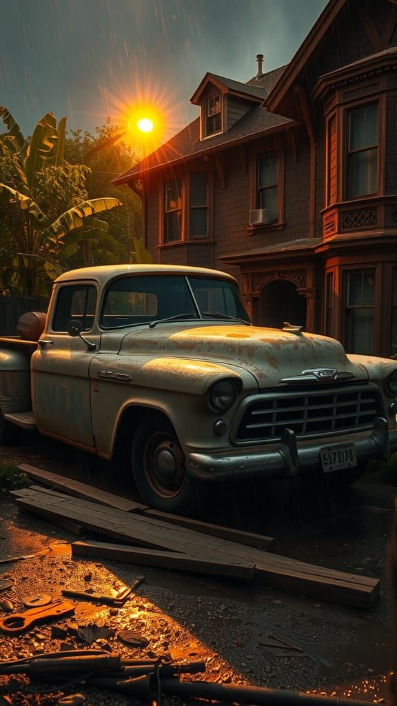 Classic Truck in Junkyard, Moody Digital Art