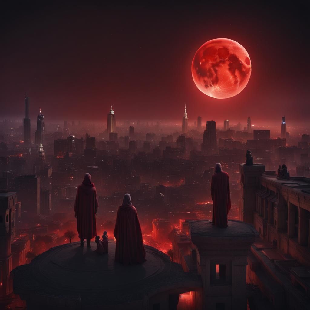 Ecliptic Red Moon Over Modern Arabic City