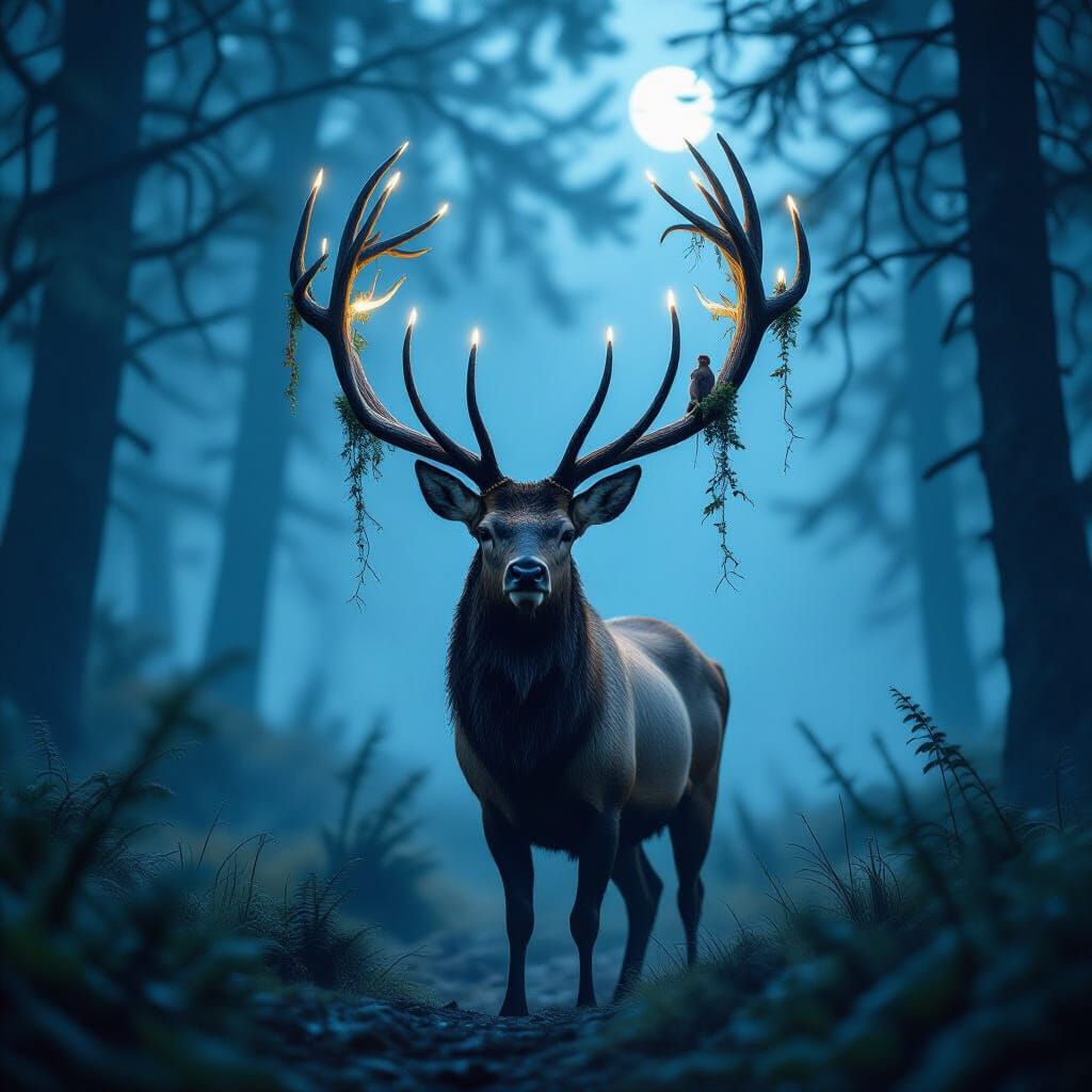 Bioluminescent Elk in Enchanted Forest
