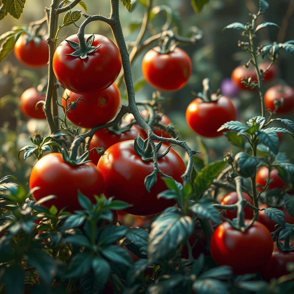 Stunning 4K Digital Garden Scene with Tomatoes and Herbs