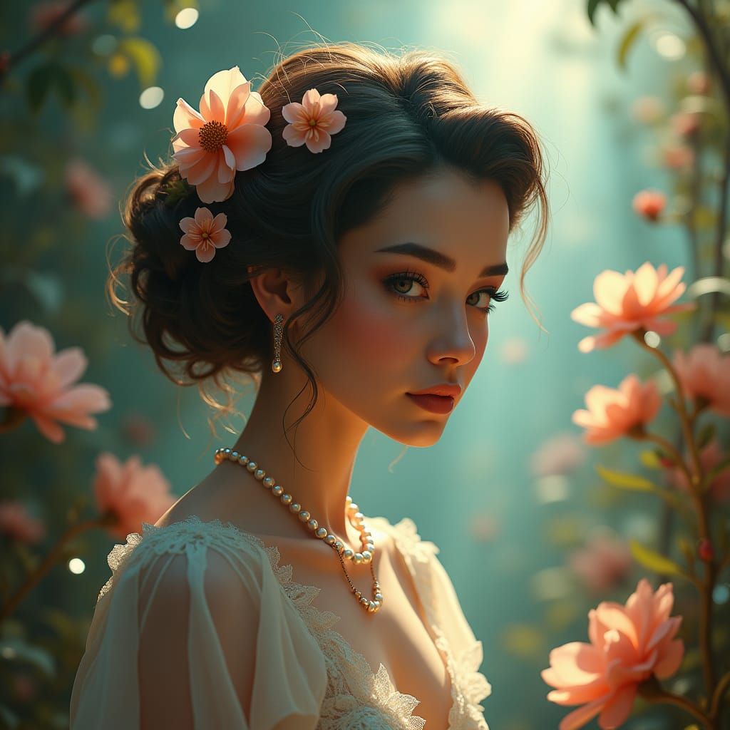 Ethereal Vintage Goddess with Whimsical Hair and Blooms in D...