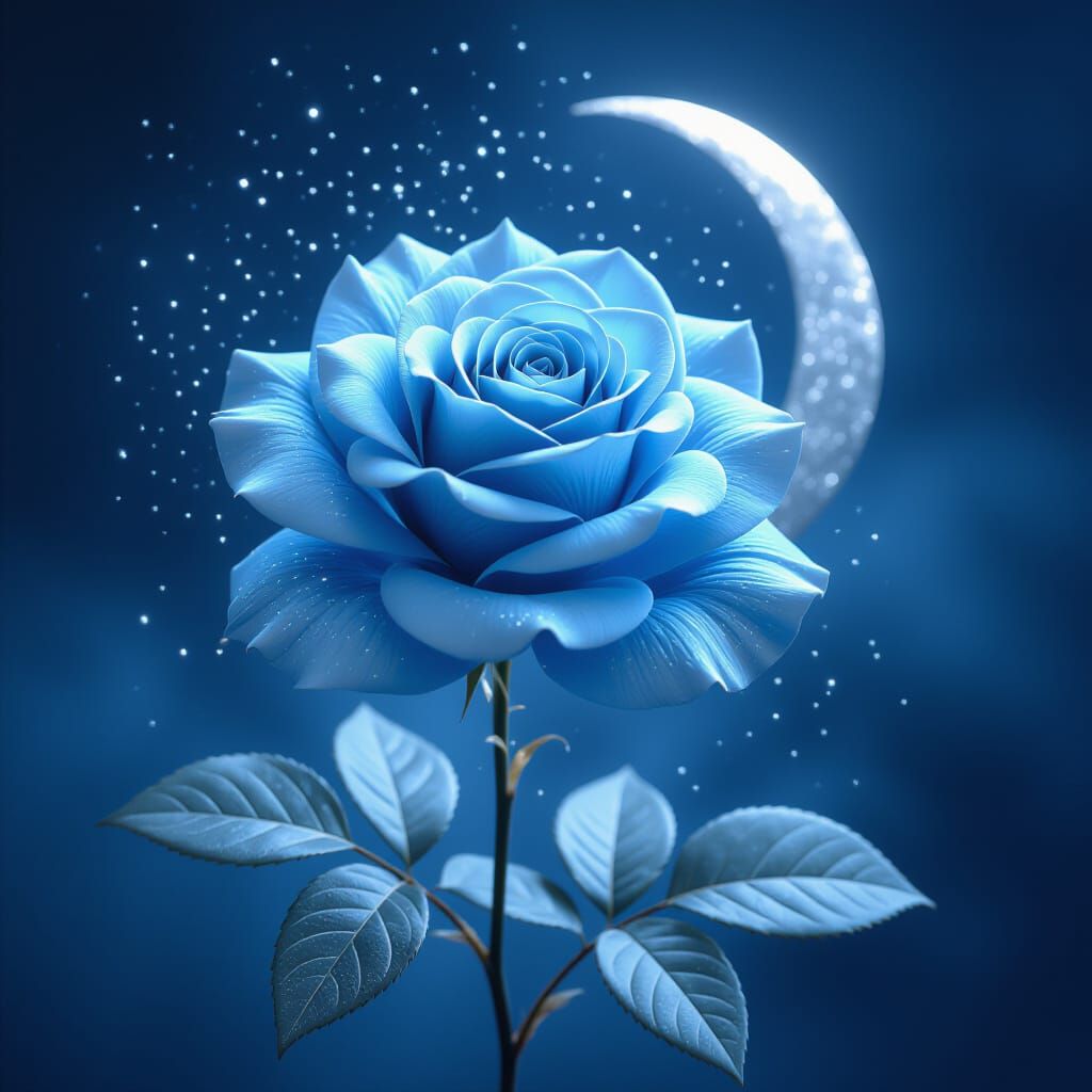 Hyper-Realistic Blue Rose with Silver Moon
