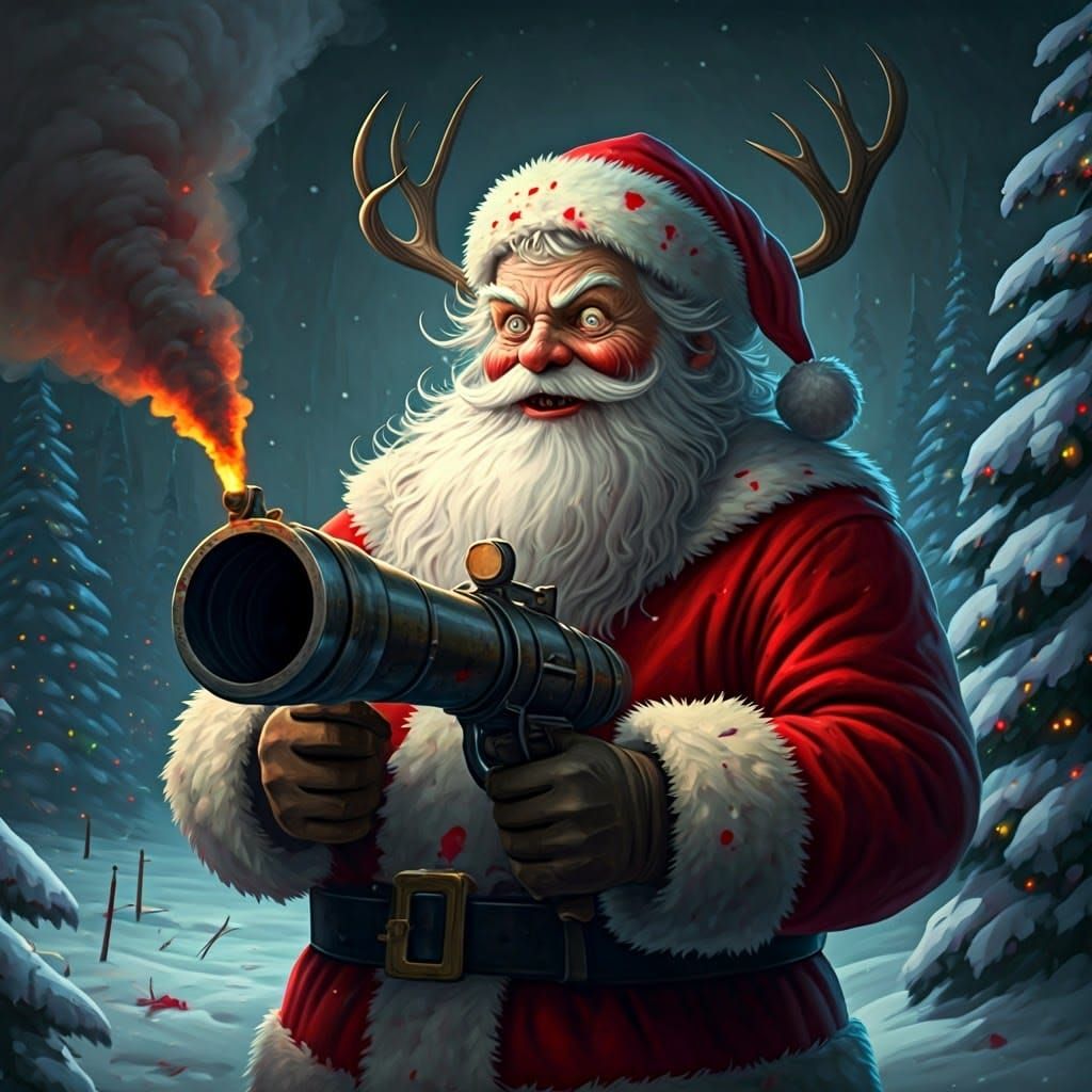 Mad Santa with Bazooka in Beksiński-Inspired Apocalypse