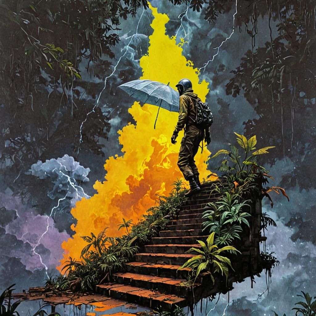 Banana Man coming down the stairs, in a jungle, ink drawing ...