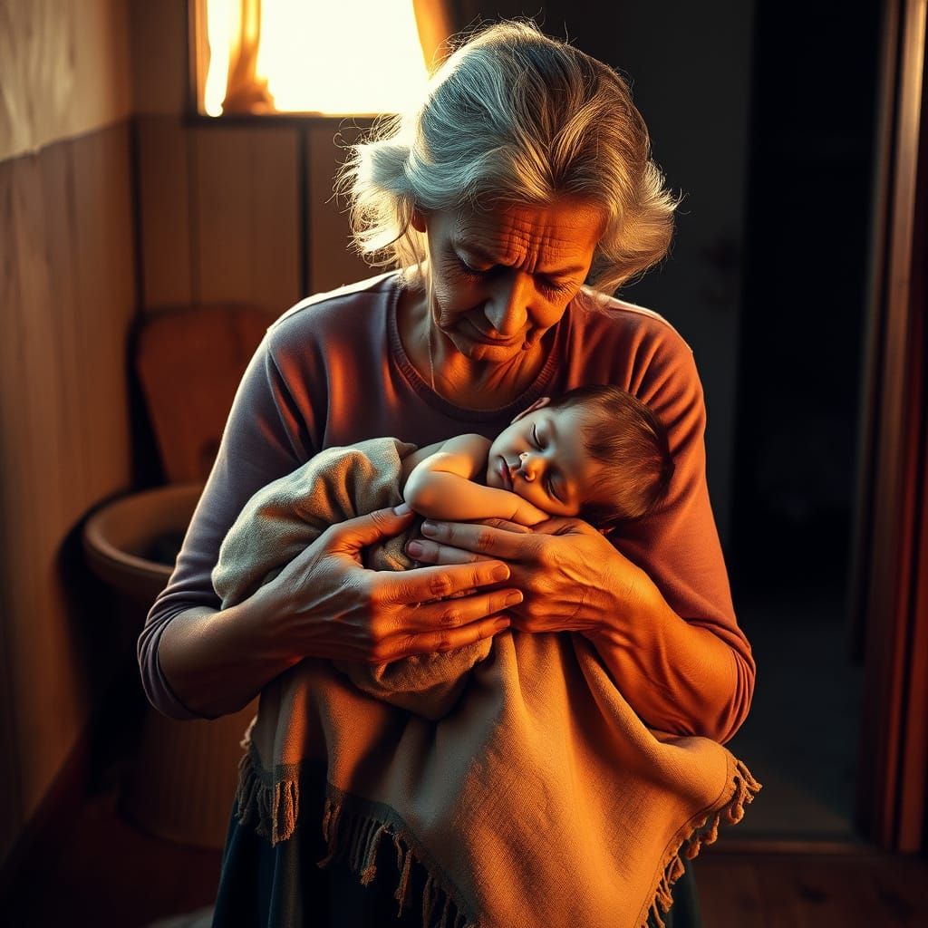 Warm Grandmother Cradles Sleeping Grandson in Cozy Home