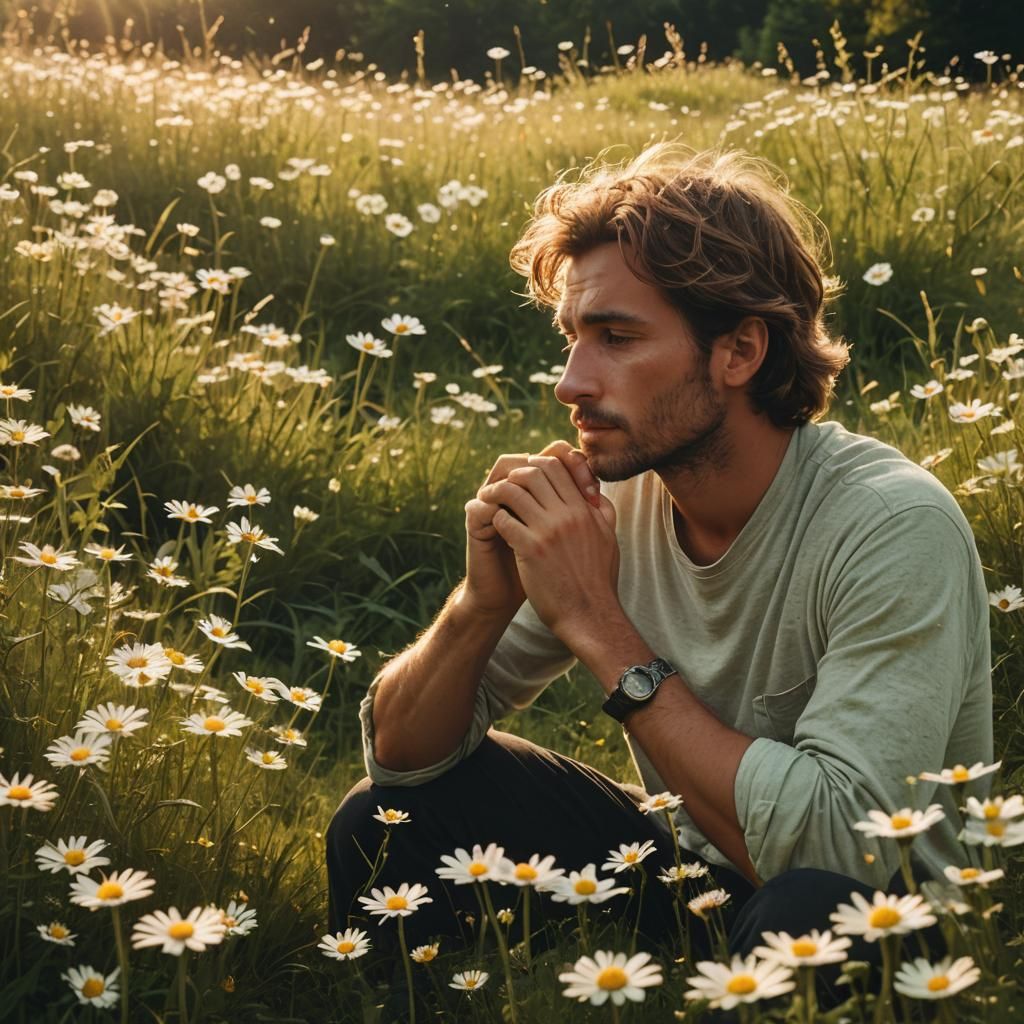 Man Sniffing Daisies in Golden Sunlight