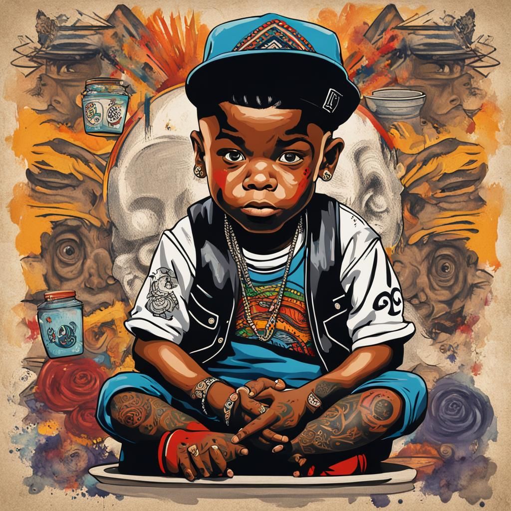 A striking, modern interpretation of Buckwheat from the Little Rascals, featuring tattoos on his face. He has a colorful...