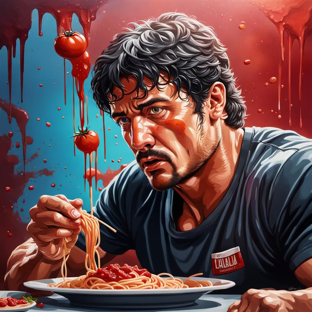 Rocky Balboa Eats Spaghetti: Hyperrealistic Concept Art