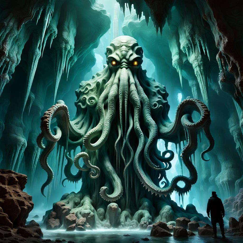Cthulhu Crystal Statue in Mystic Cave, Digital Art