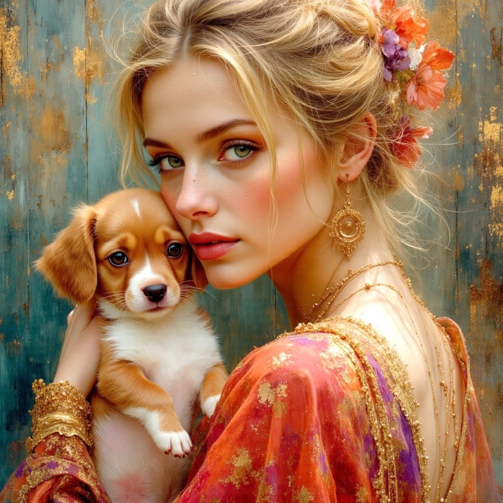 Gypsy Woman with Puppy in Dreamy Painting