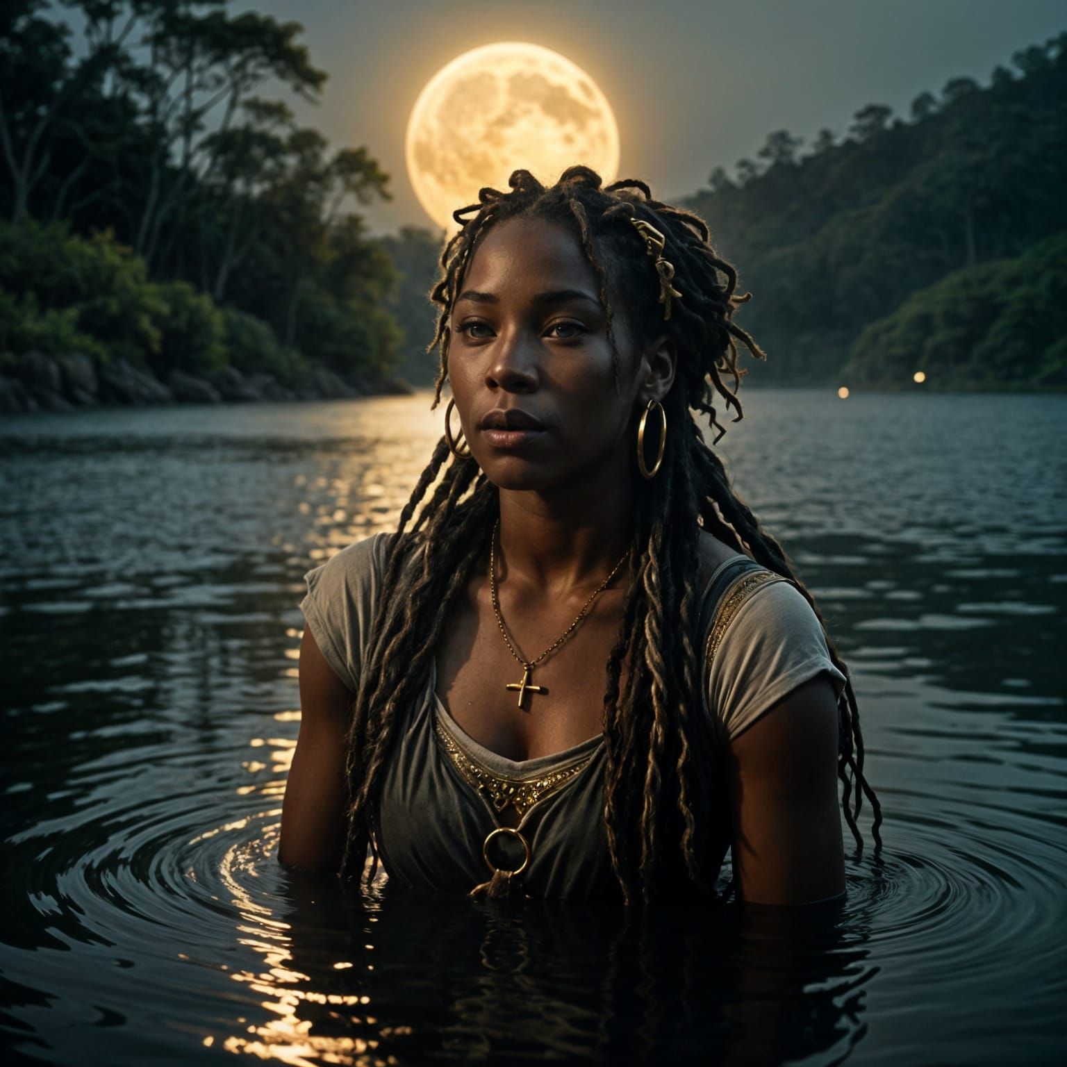 Serpentine Jamaican Goddess Emerge from Moonlit Lake