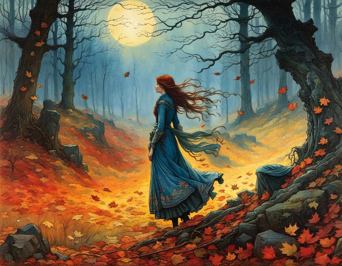 Autumn Leaves Dance in Noctilucent Frost, in a Whimsical Art...