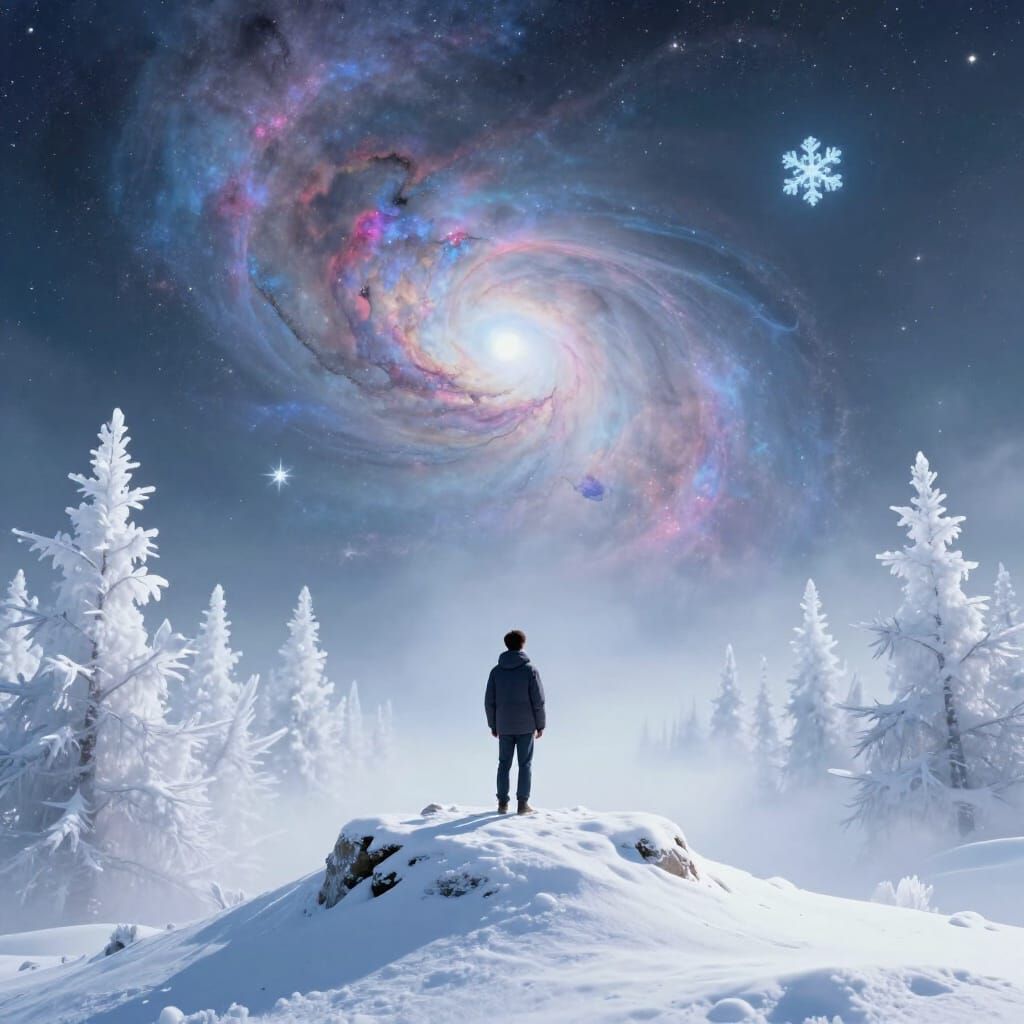 Figure on Snowy Peak Gazes at Dreamlike Nebula Landscape
