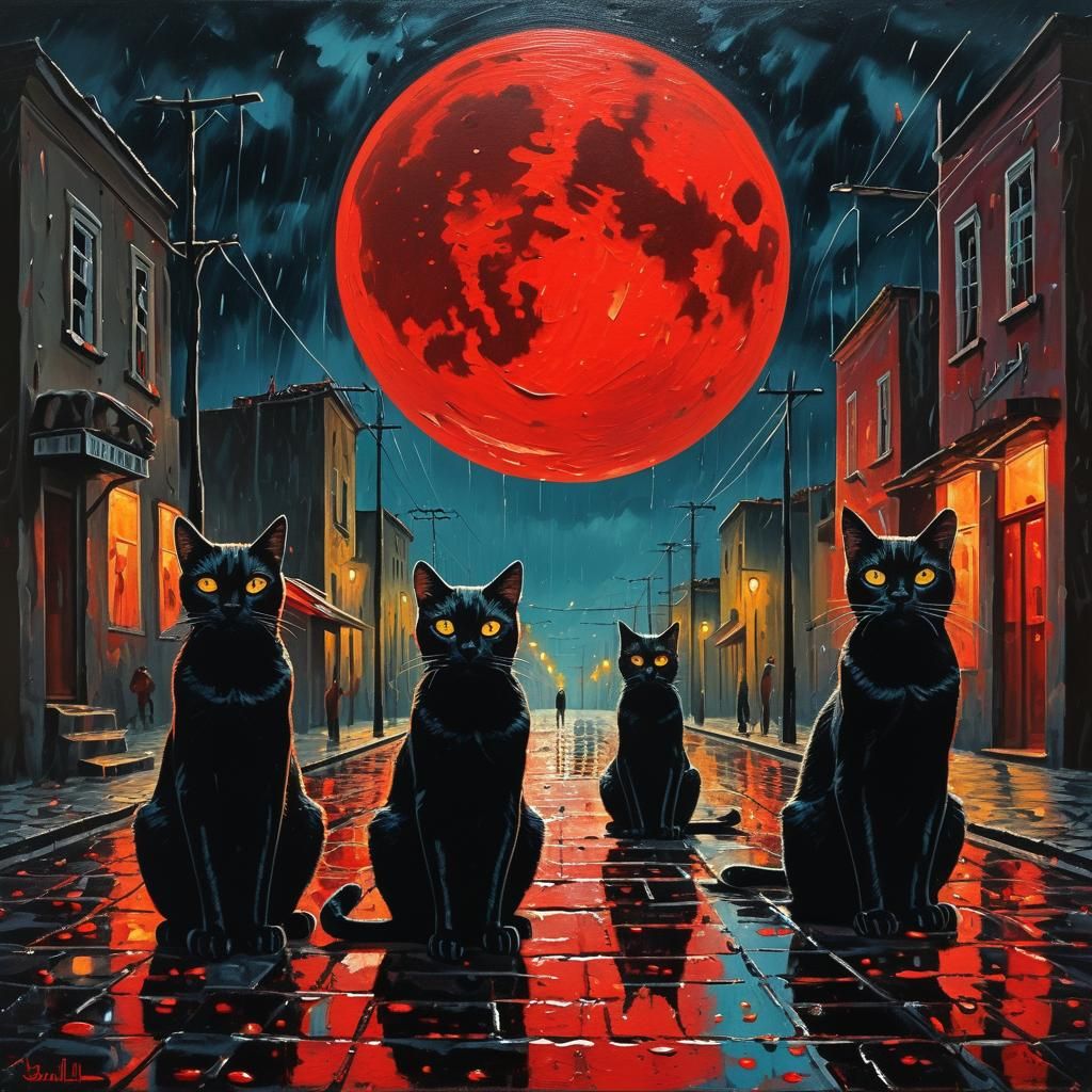 Surrealist Black Cats Under Red Moon Painting