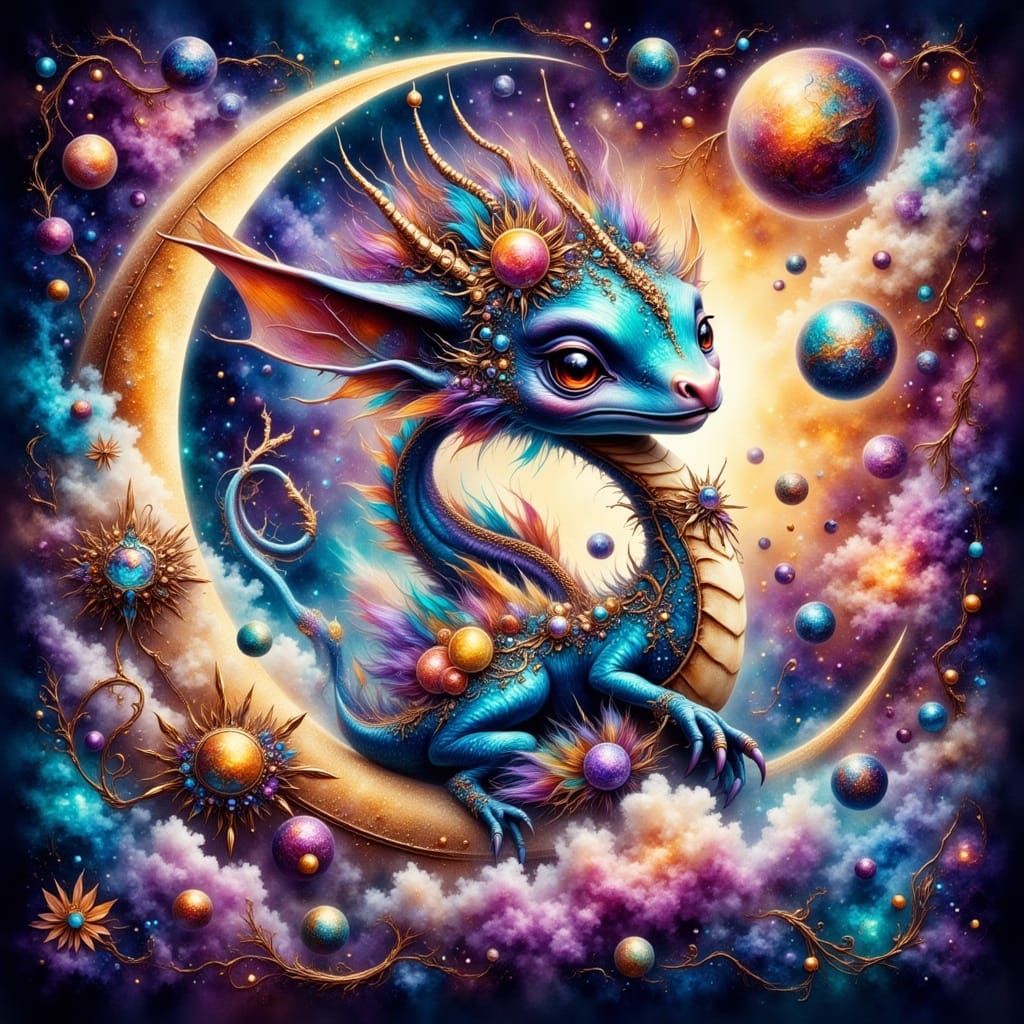 Dreamy Alien and Dragon in Fantasy World