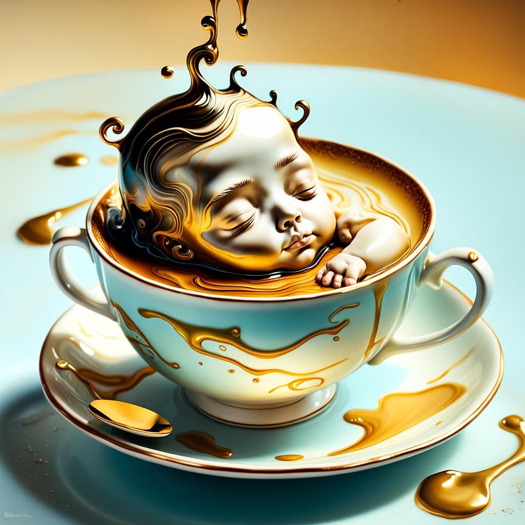 Baby Sleeping in Teacup: Surreal Oil Painting