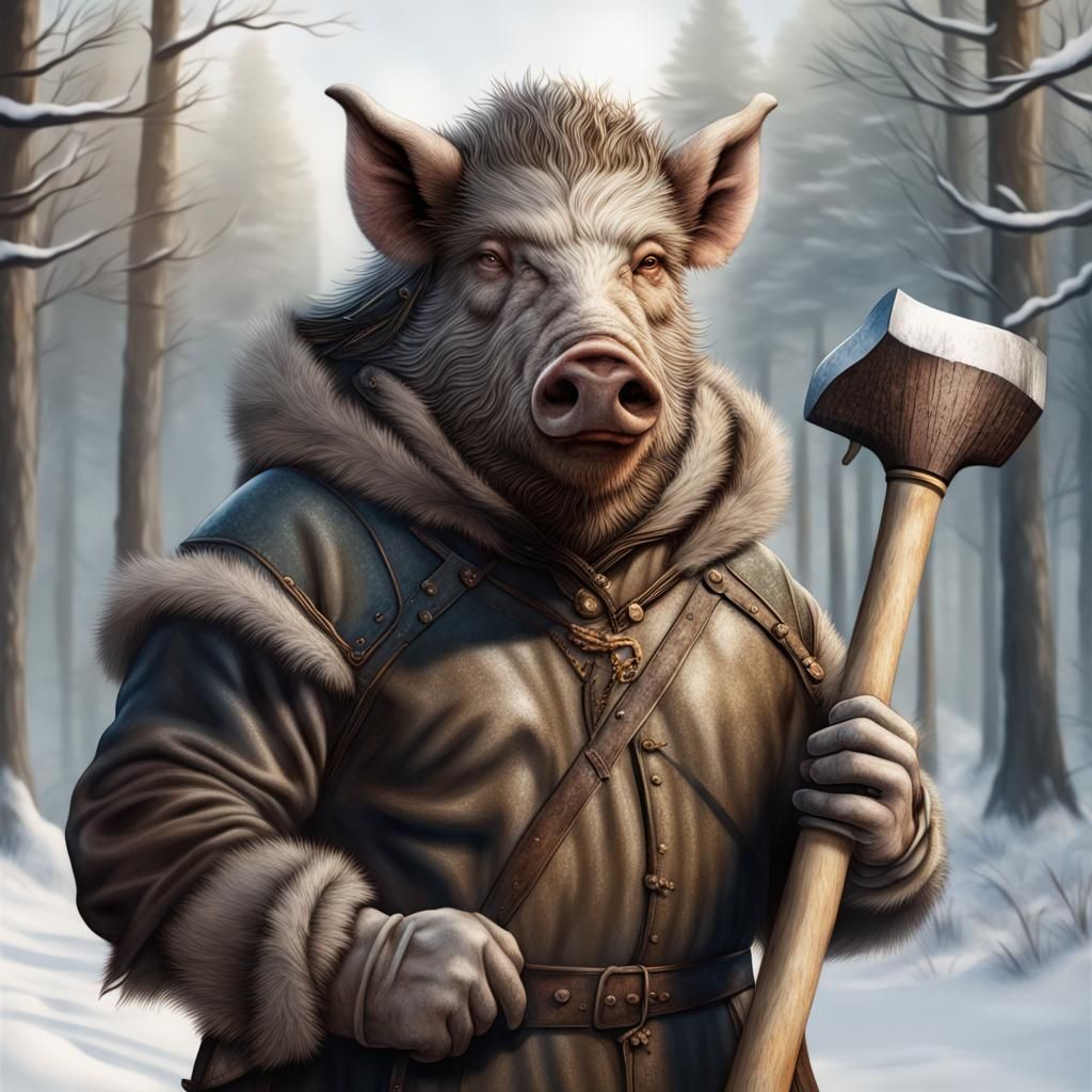 Anthropomorphic Boar Warrior in Winter Forest