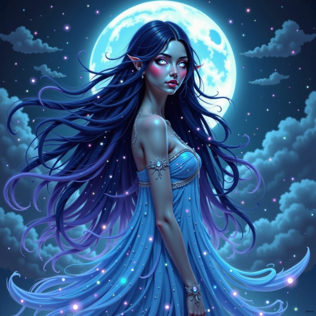 Moon Goddess in Iridescent Mist, Ethereal Fantasy Art