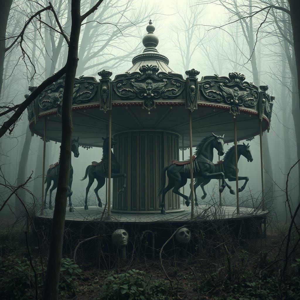 Eerie Abandoned Carousel in Misty Forest