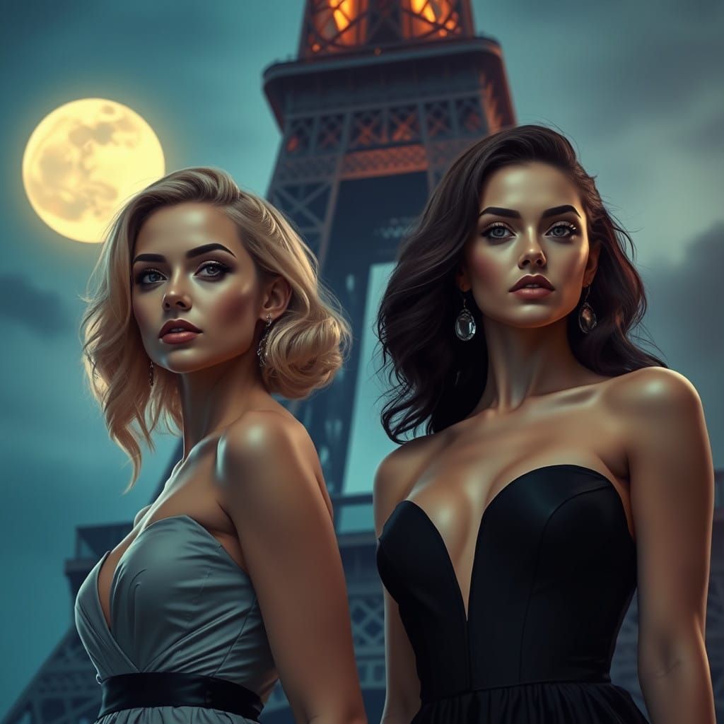 Elegant Women in Moonlit Parisian Night