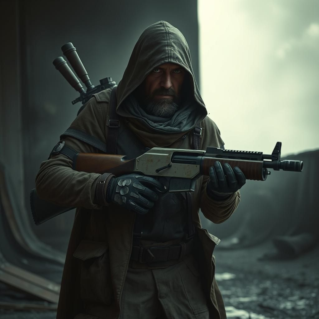 Gritty Rogue Assassin with Retro-Futuristic Shotgun