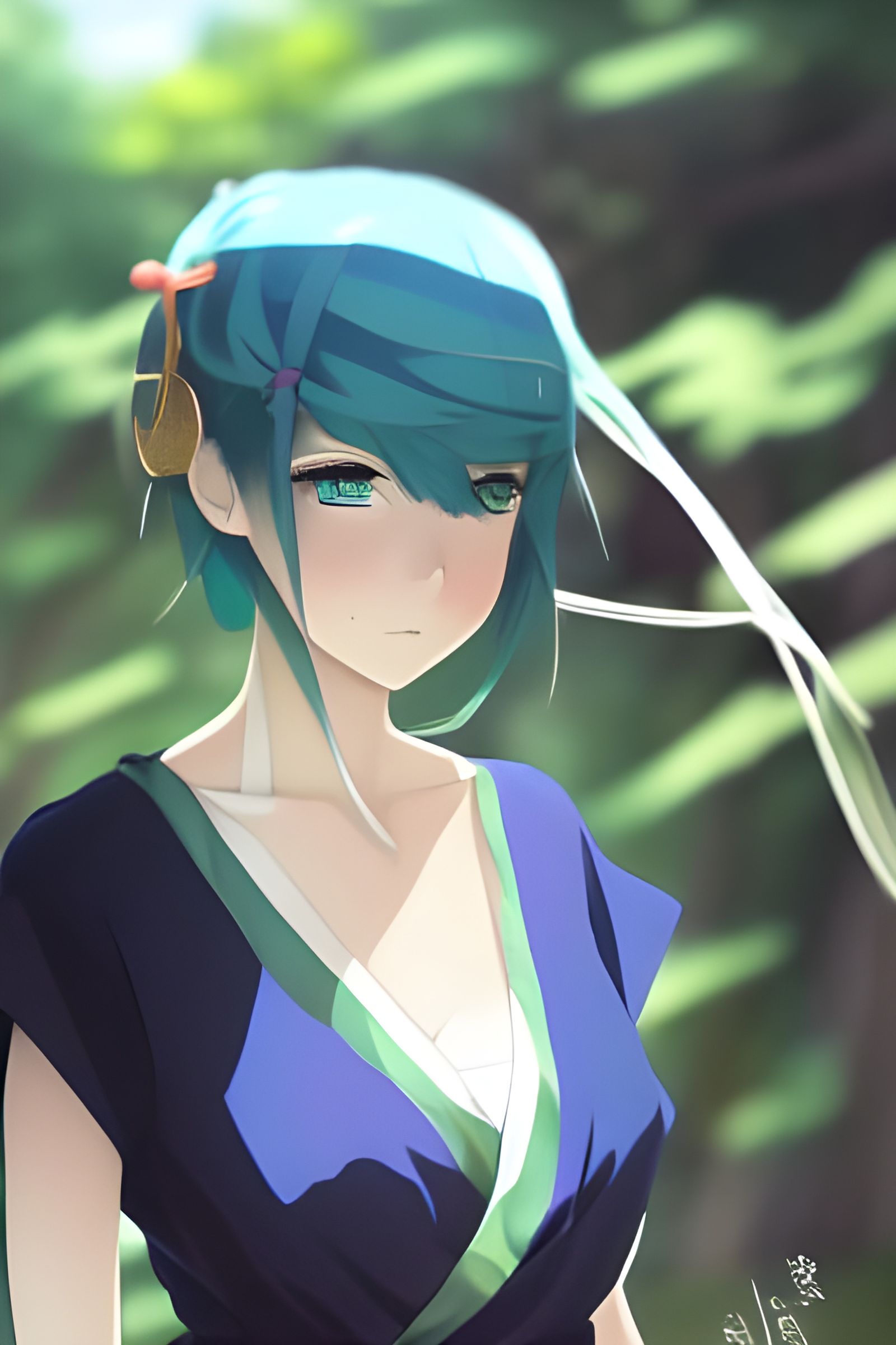 Anime Girl with Blue-Green Hair in Kimono