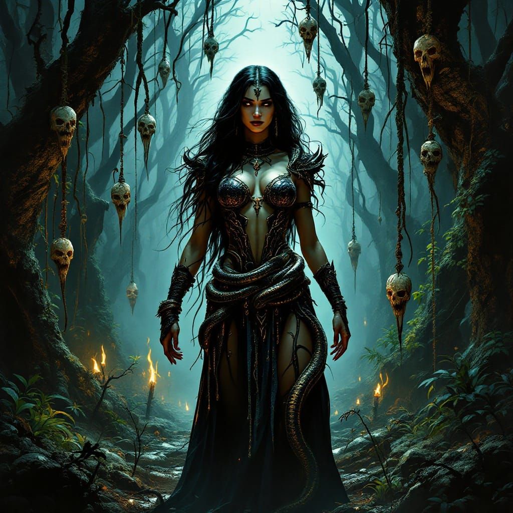 Dark Fantasy Jungle Queen of Snakes Confronts the Shadows