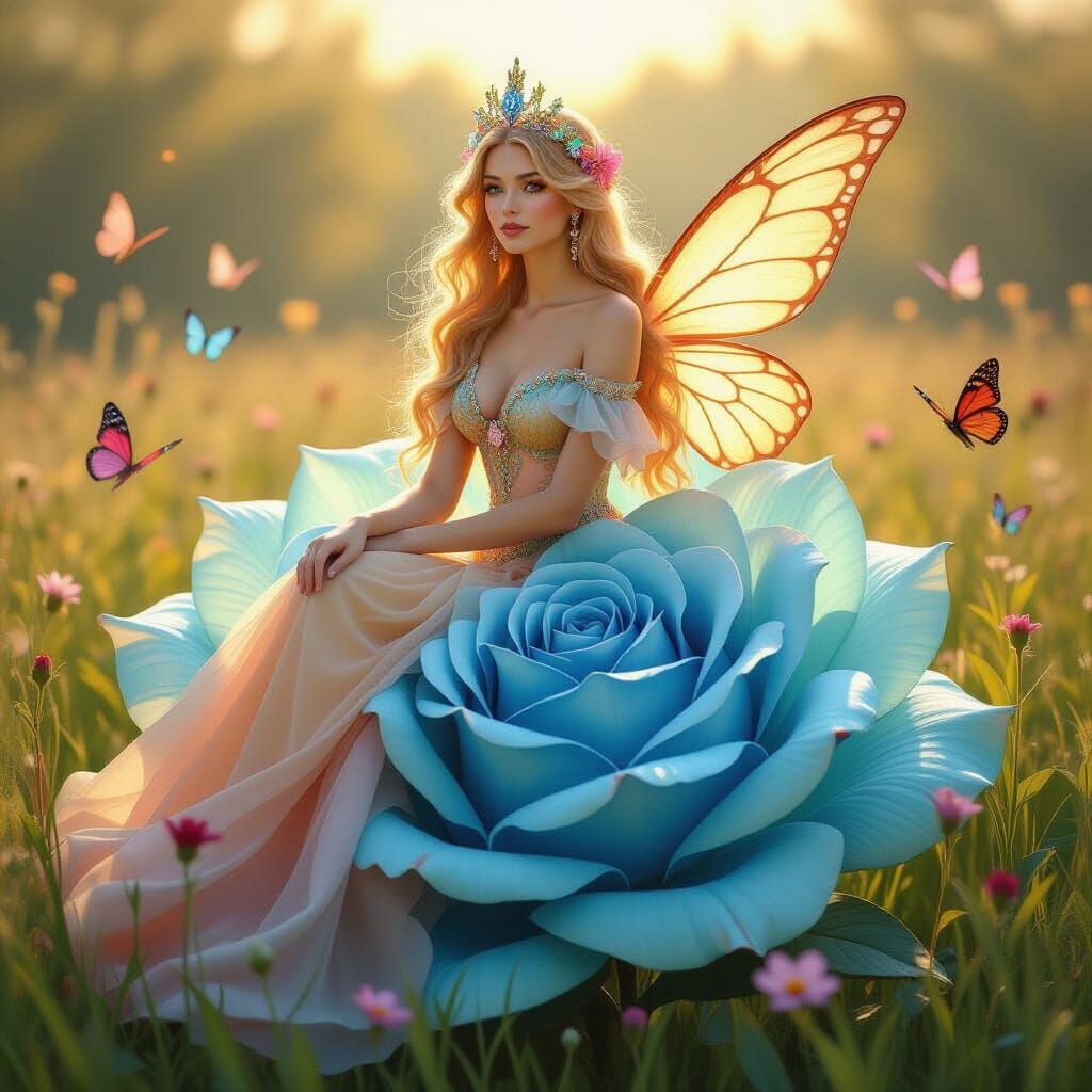 Fairy Queen on Luminous Rose in Art Nouveau Style