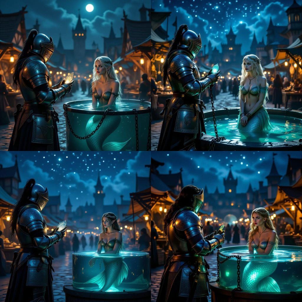 Medieval Marketplace at Night: Knight and Trapped Mermaid