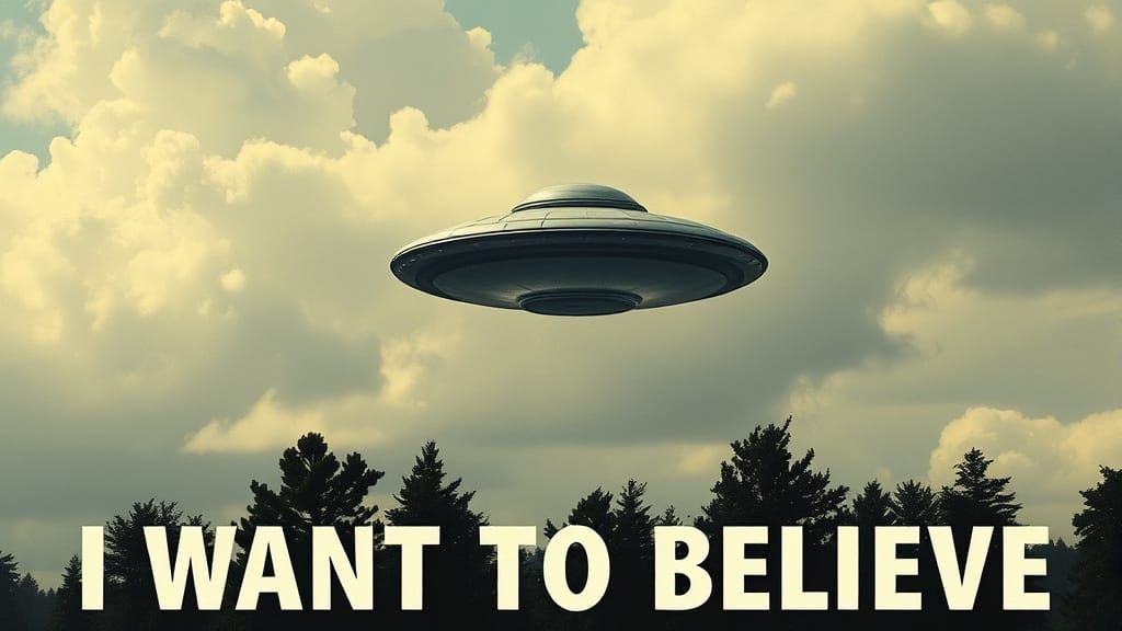 Retro Flying Saucer Over Forest: I Want to Believe