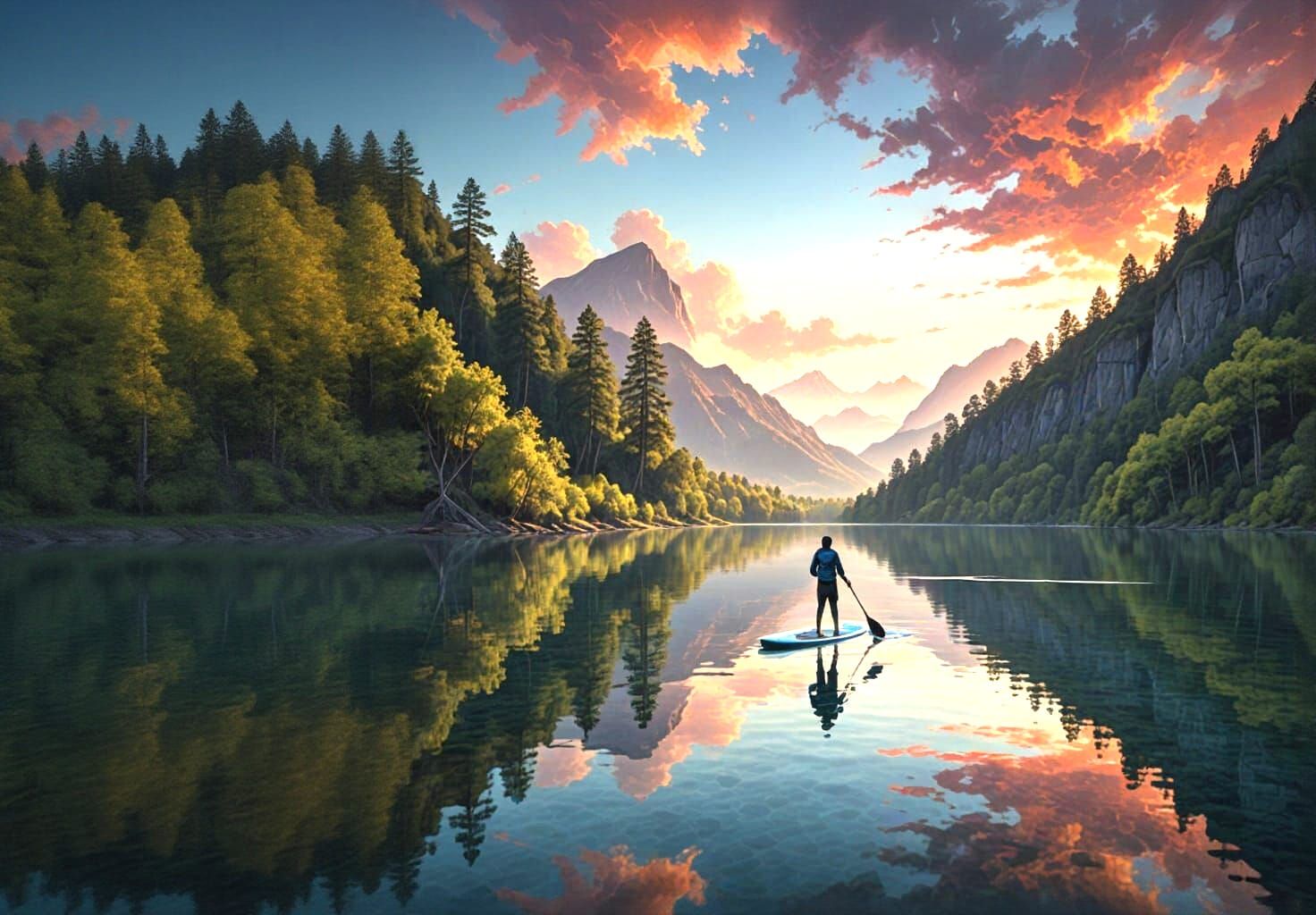 Paddleboarder at Dawn: Expressionist Abstract Landscape