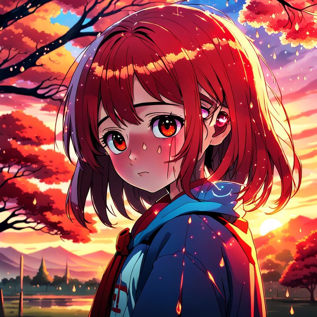 Anime Girl Weeping with Red Tree Background