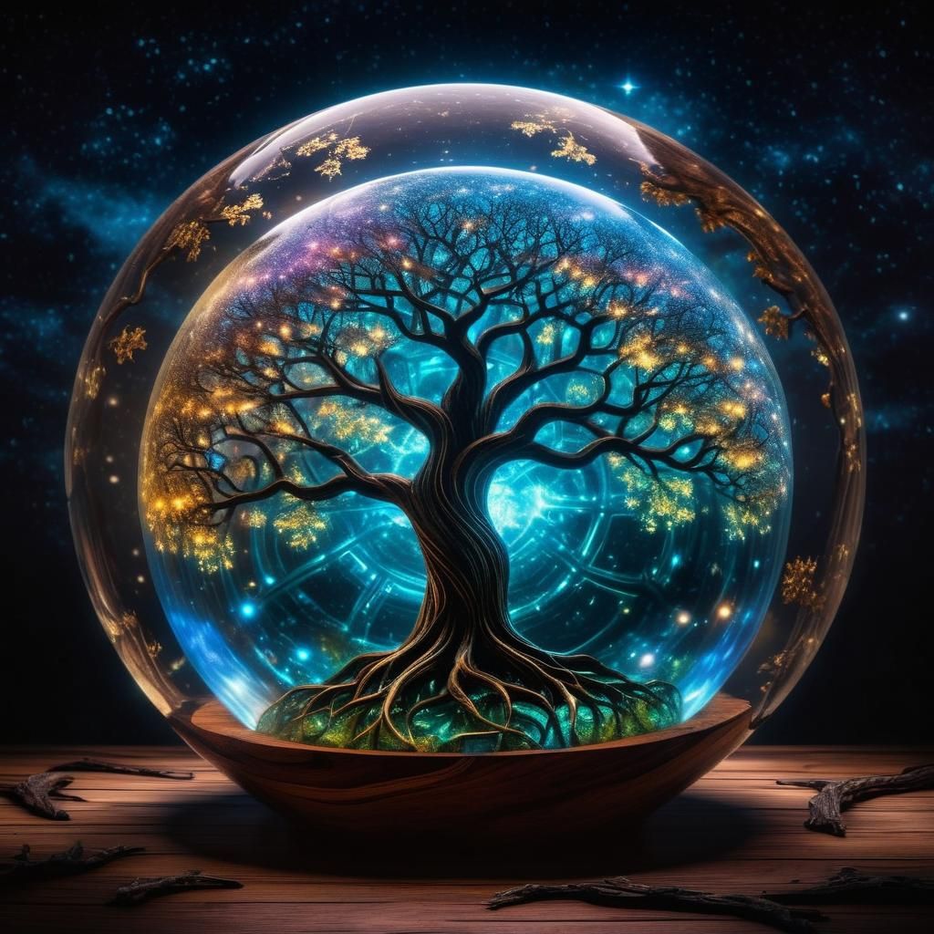 Bioluminescent Cosmic Tree in Glass Sphere